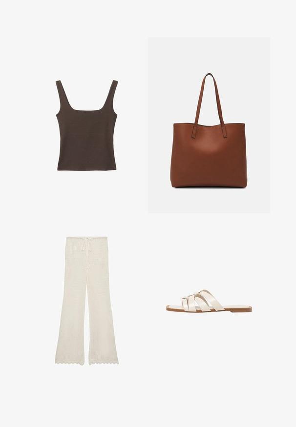 Rjava brezrokavna majica s kvadratnim izrezom, narejena iz mehkega, elastičnega materiala. Ima oprijet kroj in ravne šive.; Kremne pletene hlače z vrvico v pasu, oblikovane s flare hlačnicami in scalloped robom, izdelane iz lahkega in zračnega materiala.; Ravne sandale s svetlo rjavim gumijastim podplatom, zasnovane s tremi prekrivajočimi se belimi usnjenimi trakovi in majhnim lokom na sredini.; Rjava usnjena torba z gladko teksturo, odprto zasnovo zgoraj in dvema naramnima trakovoma. Opremljena je z minimalnim šivanjem in brez vidnih kovinskih delov.