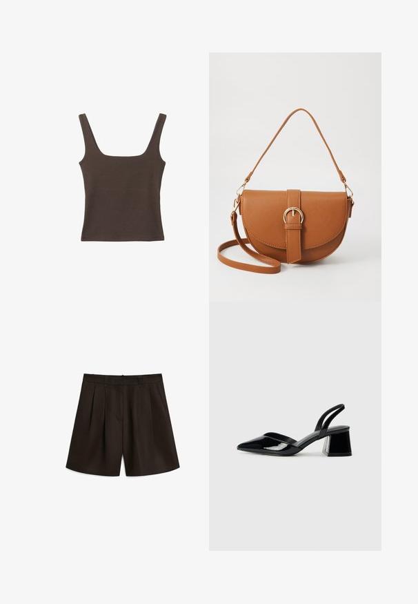 Brun ærmeløs top med firkantet udskæring, lavet af blød, strækbar stof. Har et tætsiddende design og flade sømme.; Massimo Dutti PLEATED BERMUDA - Shorts - dark brown; Sorte patentlæder slingback hæle med spids tå og en geometrisk blok hæl. Har et elegant, minimalistisk design og en glat tekstur.; Brun læder crossbody taske med en buet form, guldfarvet hardware og en spændeaccent. Har en aftagelig skulderrem.