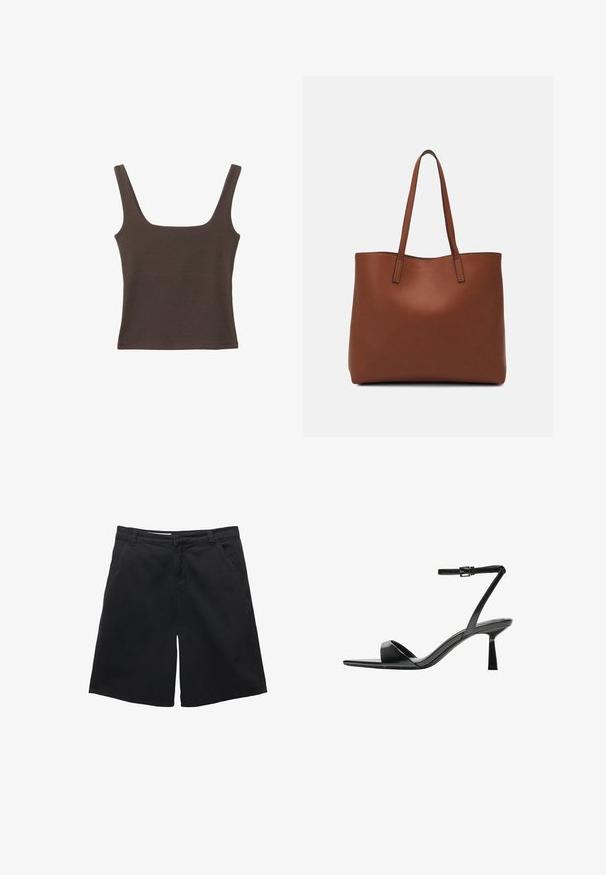 Rjava brezrokavna majica s kvadratnim izrezom, narejena iz mehkega, elastičnega materiala. Ima oprijet kroj in ravne šive.; Črne kratke hlače iz bombaža, s pravim krojem, dvema sprednjima žepoma in gladko teksturo. Brez vidnih vzorcev ali aksesorijev.; Bershka Sandali z visoko peto - black; Rjava usnjena torba z gladko teksturo, odprto zasnovo zgoraj in dvema naramnima trakovoma. Opremljena je z minimalnim šivanjem in brez vidnih kovinskih delov.