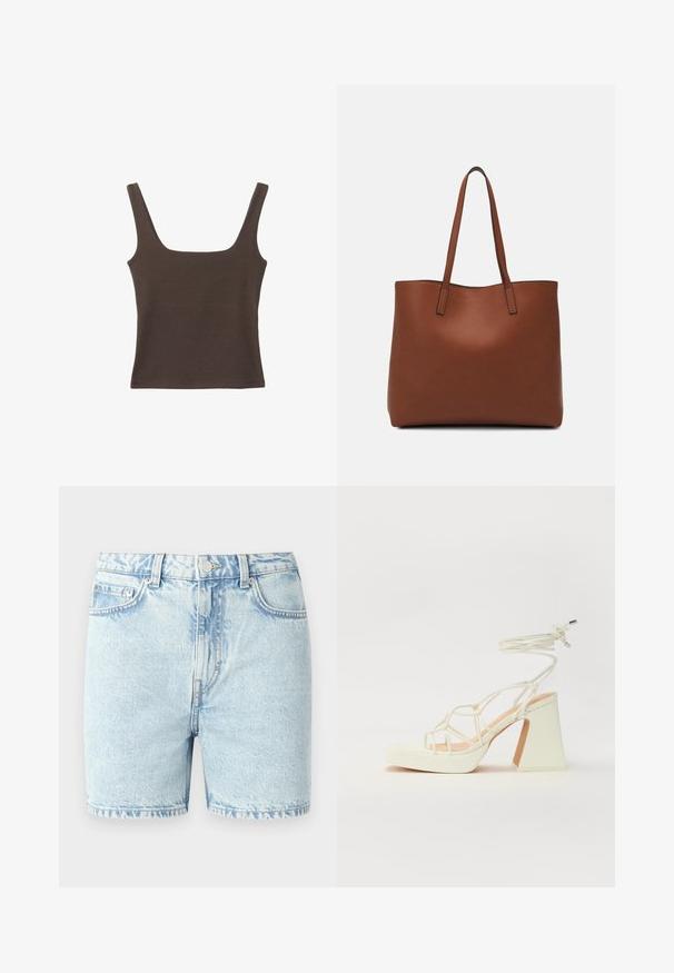 Hnedý bezrúškový top so štvorcovým výstrihom, vyrobený z mäkkého, elastického materiálu. Má priliehavý strih a ploché švy.; Svetlé modré denimové šortky s klasickým strihom, ktoré majú päť vreciek, prešívané švy a zapínanie na gombík.; Biele sandále na vysokom opätku s hrubým podpätkom, s pruhovaným dizajnom a viazaním na členku. Hladký povrch s platformou vpredu pre zvýšenú výšku.; Hnedá kožená taška na rameno s hladkou textúrou, otvoreným vrchom a dvoma ramenými popruhmi. Má minimálne šitia a žiadne viditeľné kovania.