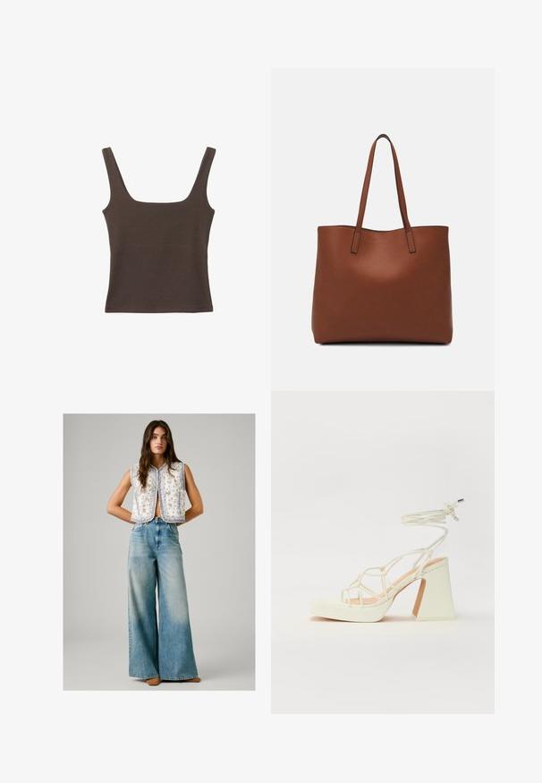 Smešani smeđi top bez rukava sa kvadratnim izrezom, izrađen od mekanog, rastezljivog materijala. Ima kroj koji se uklapa i ravne šavne.; Žena nosi bezrukavu bijelu majicu s cvjetnim uzorkom u kombinaciji s visokim, širokim izblijedjelim plavim trapericama i smešnim cipelama, stoji sa rukama iza leđa.; Bijela sandala na visokoj potpetici s debelim petom, s remenom i vezanjem oko gležnja. Glatka tekstura s platformom sprijeda za dodatnu visinu.; Smeđa kožna torba preko ramena s glatkom teksturom, otvorenim vrhom i dvjema naramenicama. Ima minimalne šavove i nema vidljivog hardvera.