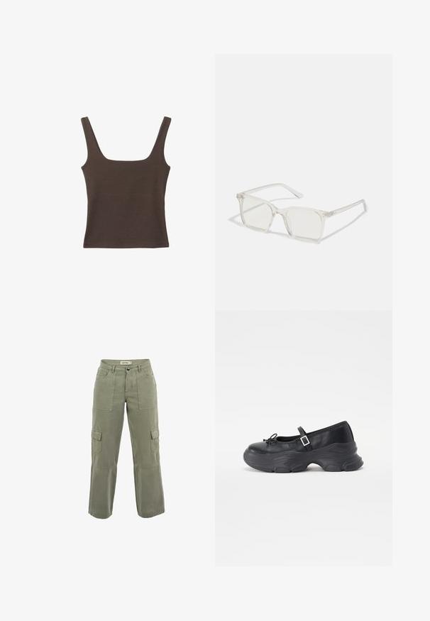 Brązowa bezrękawnikowa bluzka o kwadratowym dekolcie, wykonana z miękkiego, elastycznego materiału. Posiada dopasowany krój i płaskie szwy.; Khaki spodnie cargo wykonane z mieszanki bawełny. Posiadają dwie duże boczne kieszenie, dwie kieszenie z przodu oraz prosty, luźny krój z przeszyciami.; Czarny skórzany but Mary Jane z zaokrąglonym czubkiem, detalem w postaci kokardy i regulowanym paskiem na kostce. Posiada masywną gumową podeszwę z zakrzywionymi akcentami.; Przezroczyste, kwadratowe okulary z plastiku z półprzezroczystymi soczewkami, z złotymi akcentami na zausznikach dla dodatkowego wykończenia.; Czarna skórzana torba hobo o gładkiej fakturze, zaokrąglonym kształcie i pojedynczym, regulowanym pasku; posiada szerokie otwarcie na górze.