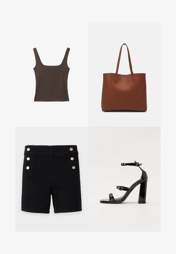 Smešani smeđi top bez rukava sa kvadratnim izrezom, izrađen od mekanog, rastezljivog materijala. Ima kroj koji se uklapa i ravne šavne.; Crne traper hlače s visokim strukom, s zlatnim gumbima sa strane, dizajn s pet džepova i ravnim rubom.; Crne lakirane sandale na visoku petu s dva remena s kopčama, kvadratnim vrhom i masivnom blok petom, s glatkom, sjajnom teksturom.; Smeđa kožna torba preko ramena s glatkom teksturom, otvorenim vrhom i dvjema naramenicama. Ima minimalne šavove i nema vidljivog hardvera.