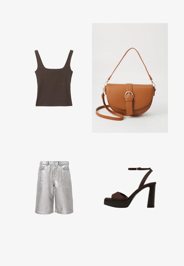 Smešani smeđi top bez rukava sa kvadratnim izrezom, izrađen od mekanog, rastezljivog materijala. Ima kroj koji se uklapa i ravne šavne.; Metalne srebrne traperice kratke hlače, opuštenog kroja, s pet džepova, petljama za remen i preklopljenim rubom. Glatka tekstura s reflektirajućim završetkom.; Smeđe zamšaste sandale s visokim potpeticama, otvorenim prstima, podesivom trakicom oko gležnja i prugastom platformom.; Smeđa kožna torba preko tijela s zakrivljenim oblikom, zlatnim metalnim detaljima i naglaskom na kopču. Ima odvojivu naramenicu.