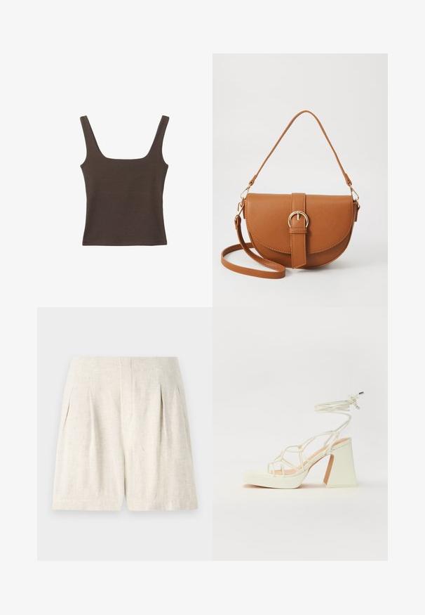 Brązowa bezrękawnikowa bluzka o kwadratowym dekolcie, wykonana z miękkiego, elastycznego materiału. Posiada dopasowany krój i płaskie szwy.; Jasno beżowe lniane szorty o dopasowanym kroju, z plisami i prostym, gładkim wykończeniem. Gładka tekstura, bez widocznych elementów metalowych czy akcentów.; Biała sandał na wysokim obcasie z masywnym słupkiem, z paskowym wzorem i wiązaniem przy kostce. Gładka faktura z platformą z przodu dla dodatkowej wysokości.; Brązowa skórzana torba na ramię o zaokrąglonym kształcie, ze złotymi akcentami i zapięciem w formie klamry. Posiada odpinany pasek na ramię.