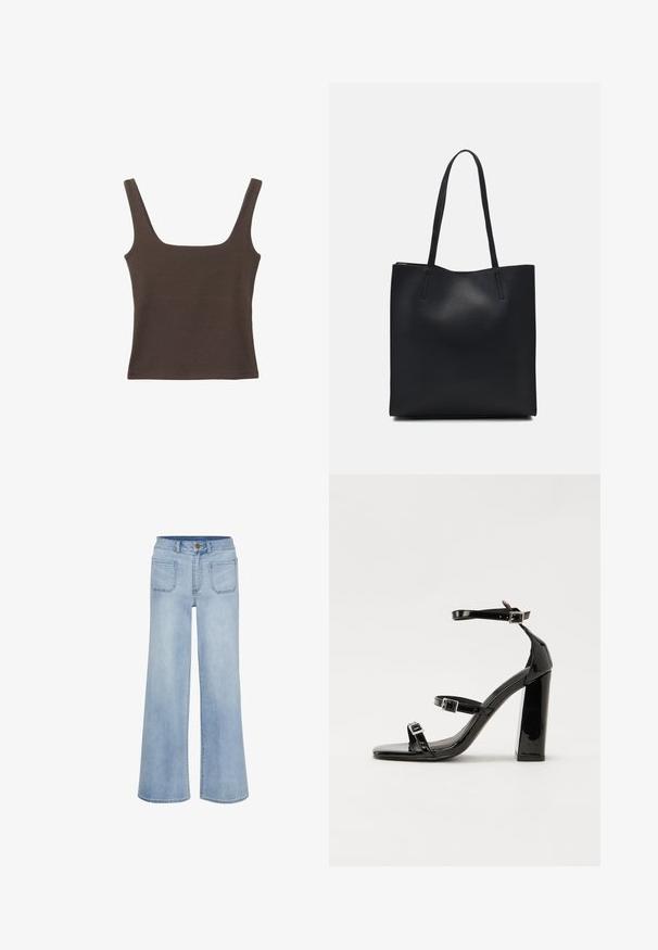 Brun ärmlös topp med fyrkantig halsringning, tillverkad av mjukt, elastiskt tyg. Har en figurnära design och plana sömmar.; Ljusblå vida jeans i denim, med hög midja, fem fickor och en ren finish vid fållen.; Svarta lackerade klacksandaler med fyrkantig tå, ankelremmar och silverfärgade spännen. Har en kraftig blockklack för stabilitet.; Svart lädertoffelväska med slät textur, rektangulär form och två långa handtag. Ingen synlig hårdvara eller dekorationer.