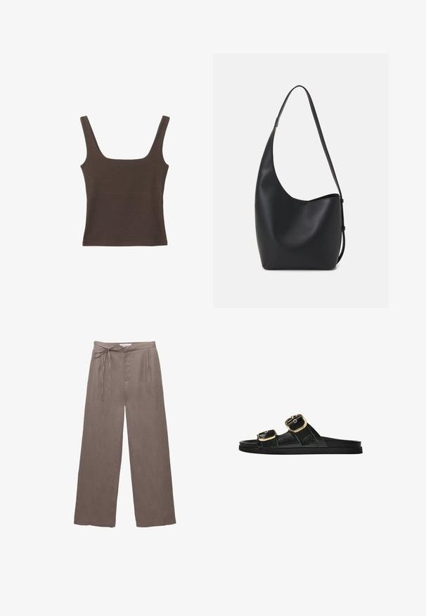 Hnědý bezramínkový top se čtvercovým výstřihem vyrobený z měkké, elastické tkaniny. Má přiléhavý design a ploché švy.; Hnědé lněné kalhoty širokého střihu s páskem na stažení, s dvěma bočními kapsami a měkkou strukturou. Jednoduchý a nezdobený design.; Černé kluzné sandály s dvěma zlatými sponami, hladkým texturovaným materiálem, plochou podrážkou a minimalistickým designem.; Černá kožená hobo taška s hladkým povrchem, zakřiveným tvarem a jedním nastavitelným popruhem; má široké otevírání nahoře.