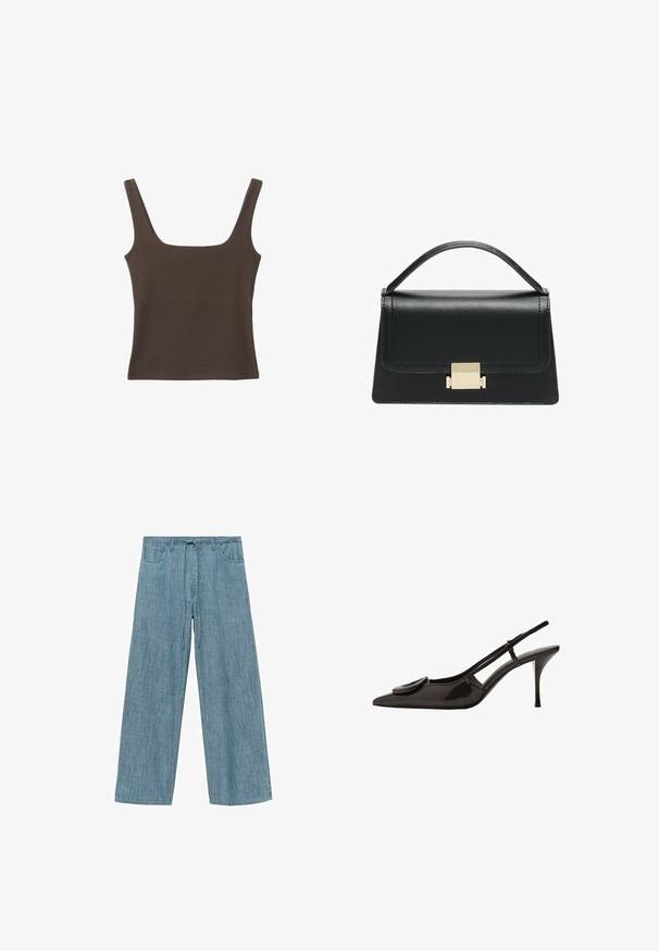 Bruine tanktop zonder mouwen met een vierkante halslijn, gemaakt van zachte, rekbare stof. Heeft een aansluitend ontwerp en platte naden.; Lichtblauwe gestreepte wijde pijpenbroek met een trekkoord in de taille, voorzien van twee zijzakken en een zachte, gestructureerde stof.; Zwarte gepatineerde leren slingback schoen met puntige neus, minimalistisch ontwerp, kleine ronde accent op de voorkant, en slanke hak.; Zwarte lederen handtas met een gestructureerd ontwerp, bovenhandgreep en een gouden metalen sluitingdetails aan de voorkant. Gladde textuur, minimale stiksels.