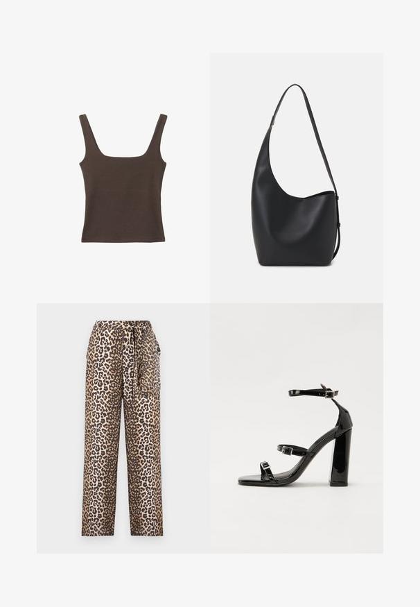 Hnedý bezrúškový top so štvorcovým výstrihom, vyrobený z mäkkého, elastického materiálu. Má priliehavý strih a ploché švy.; Nohavice s voľným strihom v leopardom vzore z jemnej látky, so zaväzovaním v páse a hladkou textúrou. Farebná paleta obsahuje béžovú a čiernu.; Čierne lakované sandále na podpätku so štvorcovou špičkou, navlečenými remienkami okolo členku a striebornými prackami. Disponujú masívnym blokovým podpätkom pre stabilitu.; Čierna kožená hobo taška so hladkou textúrou, zakriveným tvarom a jedným nastaviteľným popruhom; má široké otvorenie na vrchu.