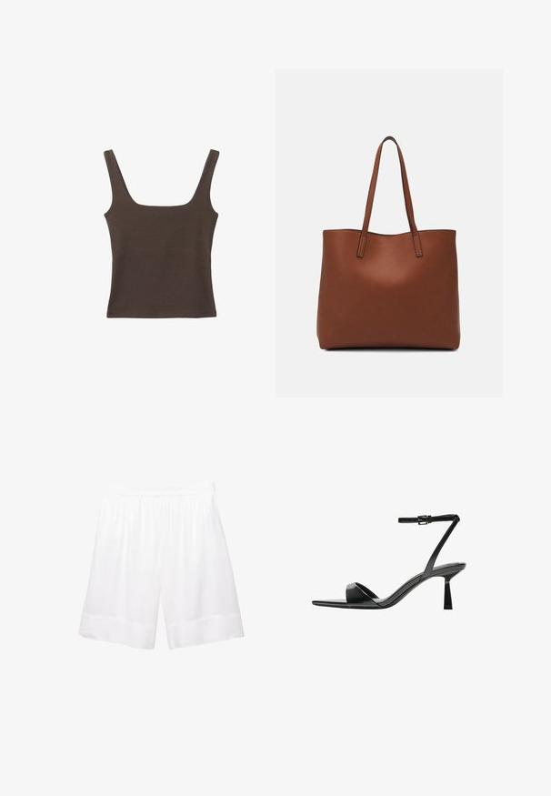 Ruskea hihaton toppi, jossa on neliönmuotoinen kaula-aukko, valmistettu pehmeästä ja joustavasta kankaasta. Ominaisuuksiin kuuluu istuva muotoilu ja sileät saumat.; Valkoiset puuvillaiset bermuda-shortsit, joissa on joustava vyötärönauha, löysä istuvuus ja huolitellut reunat mukavuutta ja liikkuvuutta varten.; Bershka Korolliset sandaalit - black; Ruskea nahkainen olkalaukku, jossa on sileä pinta, avoin yläosa ja kaksi olkahihnaa. Omaavat vain minimaalisen ompelun eikä näkyvää metalliosaa.