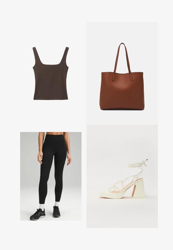 Brun ærmeløs top med firkantet udskæring, lavet af blød, strækbar stof. Har et tætsiddende design og flade sømme.; Sorte højtaljede leggings lavet af strækbart materiale, med et elegant design, glat tekstur og subtil sidelæring. Sammen med sorte sportssko.; Hvide højhælede sandaler med en kraftig hæl, der har et stropdesign og ankelbinding. Glat tekstur med en platform foran for ekstra højde.; Brun læder tote taske med en glat overflade, åben topdesign og to skulderremme. Har minimal syning og ingen synlig hardware.
