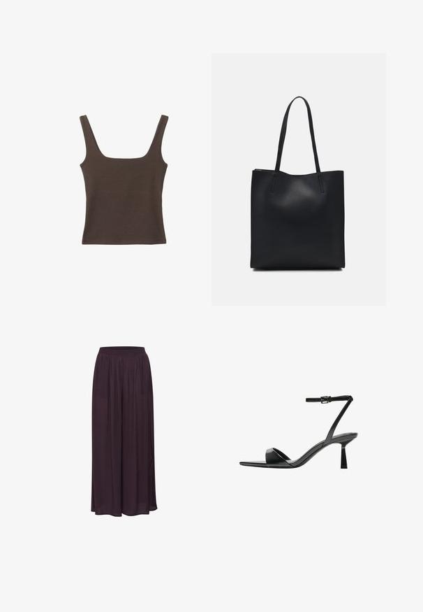 Hnědý bezramínkový top se čtvercovým výstřihem vyrobený z měkké, elastické tkaniny. Má přiléhavý design a ploché švy.; Široké kalhoty vyrobené z lehkého, tmavě fialového materiálu. Mají elastický pas a splývavý design s hladkou texturou.; Bershka Sandály na vysokém podpatku - black; Černá kožená taška přes rameno s hladkým povrchem, obdélníkovým tvarem a dvěma dlouhými uchy. Žádné viditelné kování ani ozdoby.
