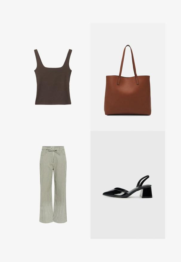 Haut sans manches marron avec un décolleté carré, fabriqué à partir d'un tissu doux et extensible. Présente un design ajusté et des coutures plates.; Pantalons large à rayures vertes et blanches, dotés d'une taille ceinturée, de deux poches avant et d'une texture de tissu douce.; Escarpins en cuir verni noir avec bout pointu et talon bloc géométrique. Présente un design élégant et minimaliste ainsi qu'une texture lisse.; Sac fourre-tout en cuir marron avec une texture lisse, design à ouverture supérieure et deux poignées pour le porter à l'épaule. Présente des coutures minimales et aucun matériel visible.