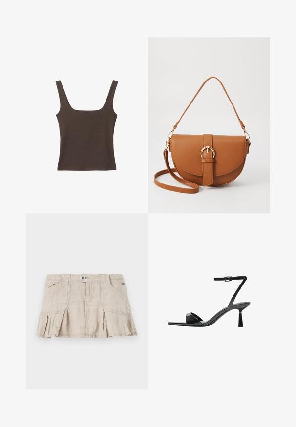 Brązowa bezrękawnikowa bluzka o kwadratowym dekolcie, wykonana z miękkiego, elastycznego materiału. Posiada dopasowany krój i płaskie szwy.; Beżowa mini spódnica z lnu o plisowanym fasonie, z przodu zapinana na guziki i posiadająca dwie boczne kieszenie. Charakteryzuje się lekką teksturą i casualowym stylem.; Bershka - Sandały na obcasie; Brązowa skórzana torba na ramię o zaokrąglonym kształcie, ze złotymi akcentami i zapięciem w formie klamry. Posiada odpinany pasek na ramię.