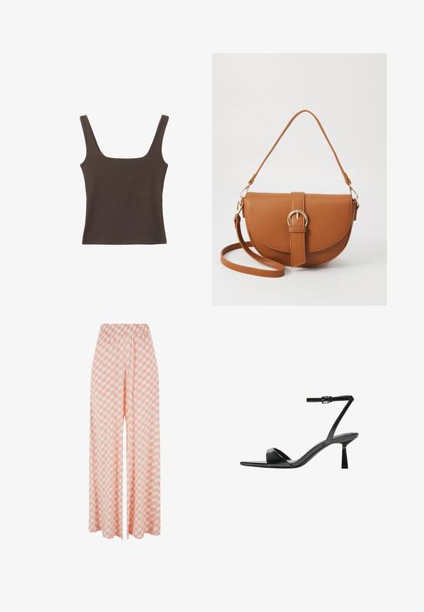Braunes ärmelloses Oberteil mit quadratischem Ausschnitt, aus weichem, dehnbarem Stoff gefertigt. Verfügt über ein figurbetontes Design und flache Nähte.; Helle rosa weit geschnittene Hosen mit einem karierter Muster in wechselnden Farbtönen, ausgestattet mit einem elastischen Bund für angenehmen Tragekomfort.; Bershka High Heel Sandalette - black; Braune Leder-Crossbody-Tasche mit geschwungener Form, goldfarbenen Beschlägen und einer Schnallenakzentuierung. Verfügt über einen abnehmbaren Schultergurt.