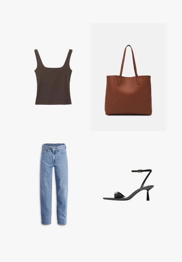 Rjava brezrokavna majica s kvadratnim izrezom, narejena iz mehkega, elastičnega materiala. Ima oprijet kroj in ravne šive.; Svetlo modri traper hlače, sproščenega kroja, ravne nogavice, z načrtovanjem petih žepov in raztrganimi robovi za sproščen videz.; Bershka Sandali z visoko peto - black; Rjava usnjena torba z gladko teksturo, odprto zasnovo zgoraj in dvema naramnima trakovoma. Opremljena je z minimalnim šivanjem in brez vidnih kovinskih delov.