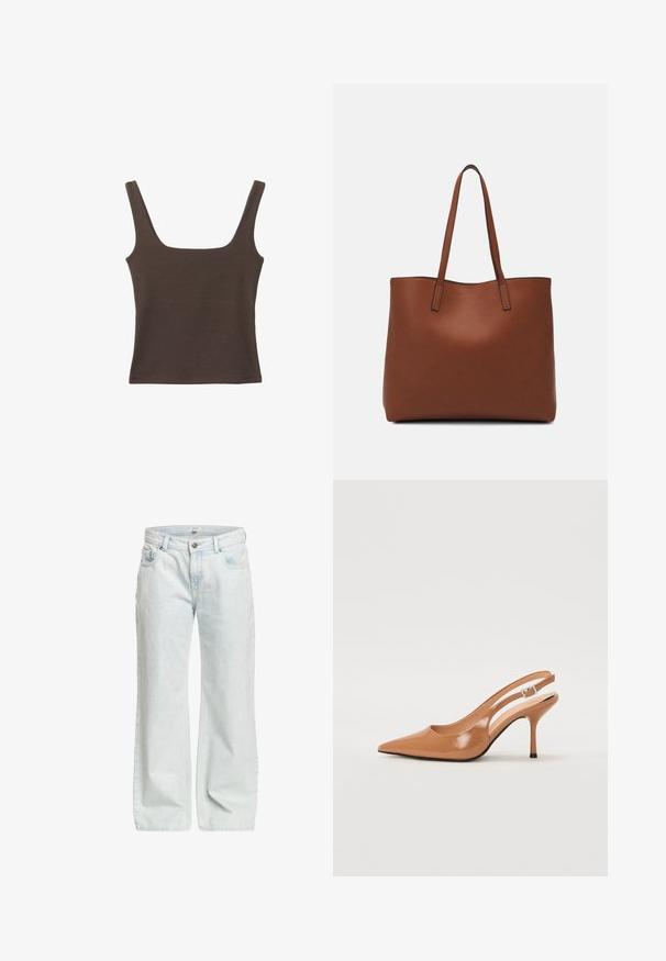 Ruskea hihaton toppi, jossa on neliönmuotoinen kaula-aukko, valmistettu pehmeästä ja joustavasta kankaasta. Ominaisuuksiin kuuluu istuva muotoilu ja sileät saumat.; Vaaleansiniset leveälahkeiset farkut, joissa on napitus, viisi taskua ja hieman haalistunut pinta.; Korkokenkä, jossa on terävä kärki ja avonainen kanna, valmistettu sileästä, kiiltävästä ruskeasta materiaalista. Sisältää kaarevan leikkuun muotoilun ja hoikan stilettokannan. Hopeinen solkiyksityiskohta.; Ruskea nahkainen olkalaukku, jossa on sileä pinta, avoin yläosa ja kaksi olkahihnaa. Omaavat vain minimaalisen ompelun eikä näkyvää metalliosaa.