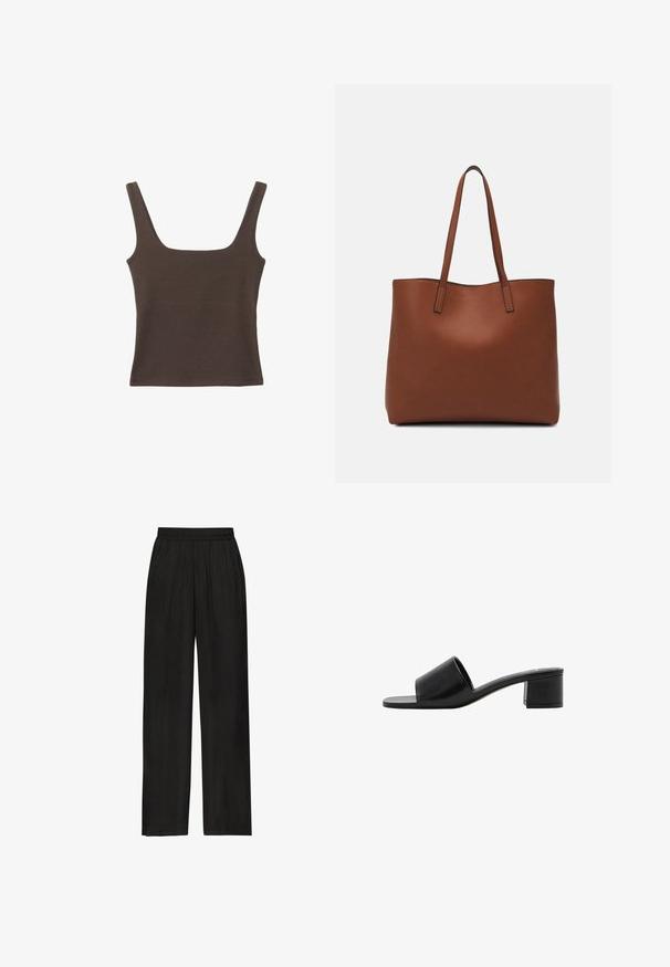 Hnedý bezrúškový top so štvorcovým výstrihom, vyrobený z mäkkého, elastického materiálu. Má priliehavý strih a ploché švy.; Čierne široké nohavice vyrobené z ľahkého materiálu s elastickým pásom a skladaným detailom. Bez vreciek alebo iných ozdôb.; Čierne kožené sandále s otvorenou špičkou, širokým pásikom a pevným blokovým podpätkom. Majú hladký povrch a minimálny dizajn.; Hnedá kožená taška na rameno s hladkou textúrou, otvoreným vrchom a dvoma ramenými popruhmi. Má minimálne šitia a žiadne viditeľné kovania.