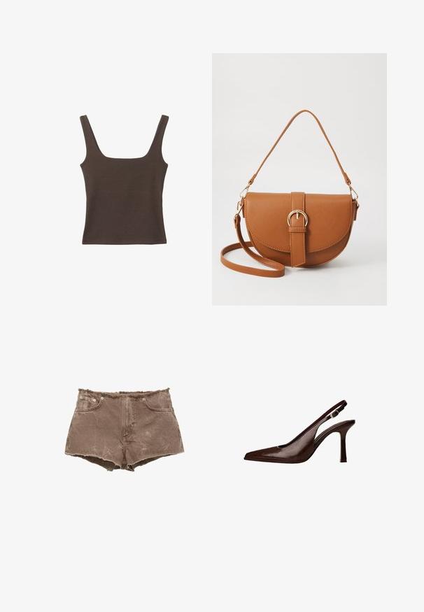 Brun ärmlös topp med fyrkantig halsringning, tillverkad av mjukt, elastiskt tyg. Har en figurnära design och plana sömmar.; Bruna denimshorts med fransad fåll, femficksdesign och metallknappdetaljer. Materialet verkar något slitna med en texturerad yta.; Brun läder slingback-pump med spetsig tå och tunn klack. Har en liten accentspänne på remmen och en glänsande yta.; Brun läder crossbody-väska med en böjd form, gyllene detaljer och en spänneaccent. Har en avtagbar axelrem.