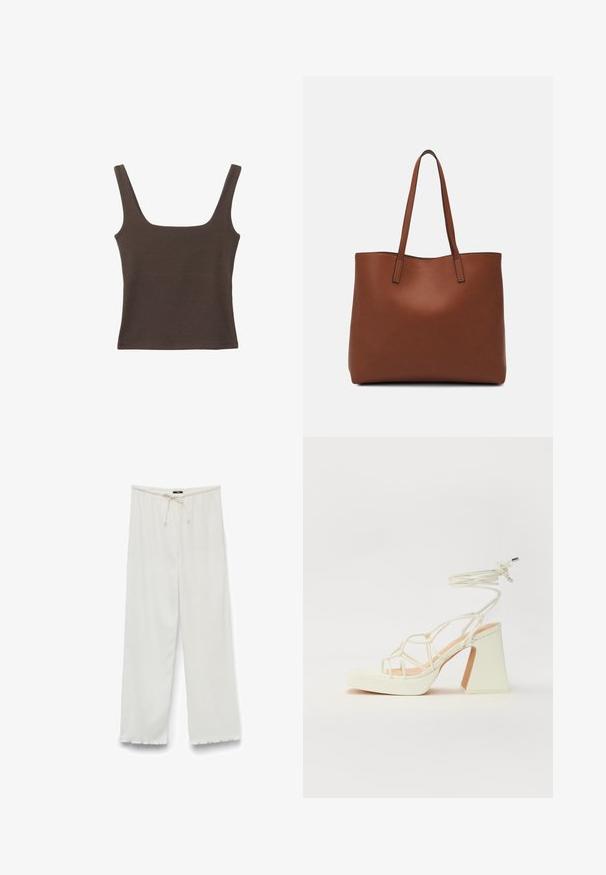 Braunes ärmelloses Oberteil mit quadratischem Ausschnitt, aus weichem, dehnbarem Stoff gefertigt. Verfügt über ein figurbetontes Design und flache Nähte.; Hose mit weitem Bein in Off-White, aus einem strukturierten Stoff, mit elastischem Bund und Kordelzug sowie rohen Kanten an den Säumen.; Weiße High-Heel-Sandale mit einem klobigen Absatz, die über ein Riemchendesign und ein Knöchelband verfügt. Glatte Textur mit einer Plattform vorne für zusätzliche Höhe.; Braune Leder-Tote mit glatter Textur, offenem Oberteil und zwei Schulterriemen. Verfügt über minimale Nähte und keine sichtbaren Beschläge.