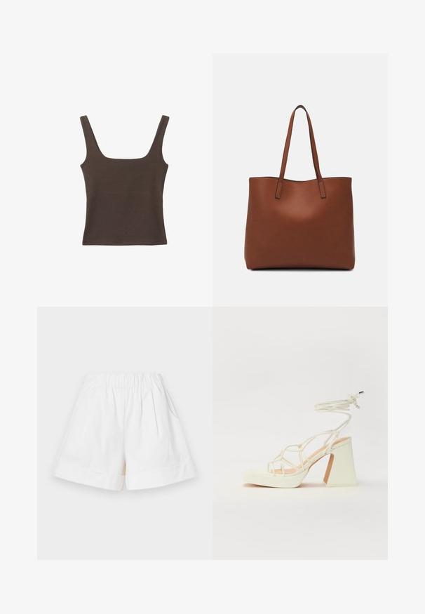 Hnedý bezrúškový top so štvorcovým výstrihom, vyrobený z mäkkého, elastického materiálu. Má priliehavý strih a ploché švy.; Biele bavlnené šortky s elastickým pásom, dvoma bočnými vreckami a prehnutými manžetami. Plisovaný dizajn pridáva textúru a rozmer.; Biele sandále na vysokom opätku s hrubým podpätkom, s pruhovaným dizajnom a viazaním na členku. Hladký povrch s platformou vpredu pre zvýšenú výšku.; Hnedá kožená taška na rameno s hladkou textúrou, otvoreným vrchom a dvoma ramenými popruhmi. Má minimálne šitia a žiadne viditeľné kovania.