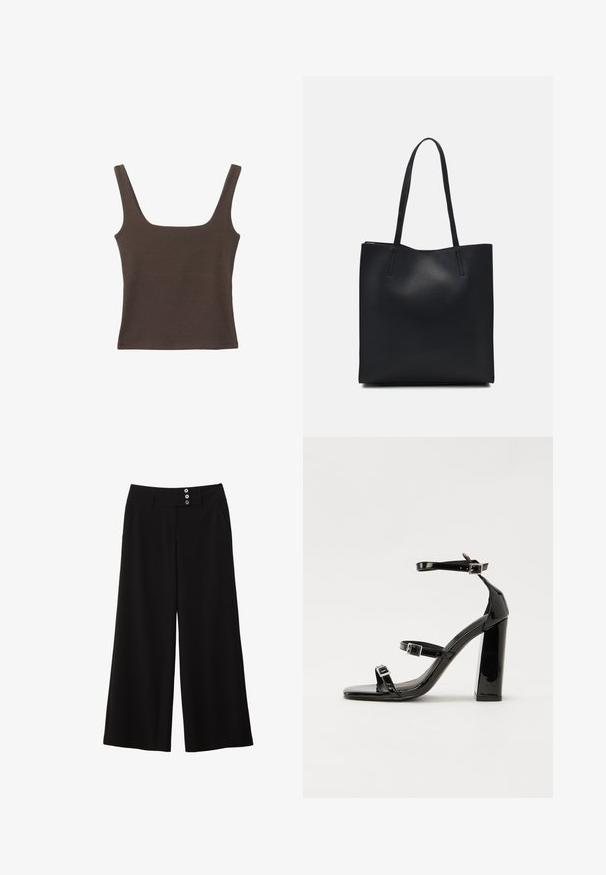 Hnedý bezrúškový top so štvorcovým výstrihom, vyrobený z mäkkého, elastického materiálu. Má priliehavý strih a ploché švy.; Čierne široké nohavice s plochým pásom, so dvomi gombíkovými detailmi na prednej strane a bočnými vreckami pre praktickosť. Hladká textúra.; Čierne lakované sandále na podpätku so štvorcovou špičkou, navlečenými remienkami okolo členku a striebornými prackami. Disponujú masívnym blokovým podpätkom pre stabilitu.; Čierna kožená taška na rameno s hladkým povrchom, obdĺžnikovým tvarom a dvoma dlhými uchami. Bez viditeľného kovania alebo ozdôb.