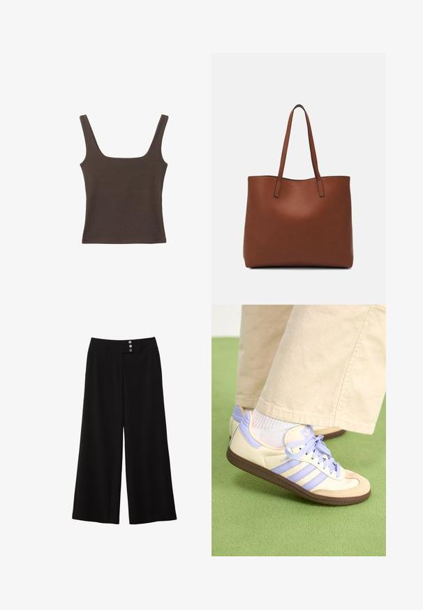 Hnědý bezramínkový top se čtvercovým výstřihem vyrobený z měkké, elastické tkaniny. Má přiléhavý design a ploché švy.; Černé kalhoty s širokými nohavicemi a plochým páskem, které mají dva knoflíkové detaily vpředu a boční kapsy pro praktičnost. Hladká textura.; Krémové a levandulové tenisky se třemi pruhy a texturovanou hnědou podrážkou, vybavené tkaničkami a polstrovanou patou. Měkký textilní svršek.; Hnědá kožená taška přes rameno s hladkou texturou, otevřeným designem a dvěma ramenními popruhy. Obsahuje minimální švy a žádné viditelné kovové prvky.
