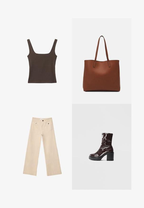 Brun ærmeløs top med firkantet udskæring, lavet af blød, strækbar stof. Har et tætsiddende design og flade sømme.; Beige breddebenede bukser i blød bomuld med to frontlommer med sølvfarvet hardware, lige snit og pænt afsluttede kanter.; Glatte burgunder ankelstøvler med en chunky sort hæl, der har en glat tekstur og et simpelt design. Ingen synlige lukninger eller mønstre.; Brun læder tote taske med en glat overflade, åben topdesign og to skulderremme. Har minimal syning og ingen synlig hardware.