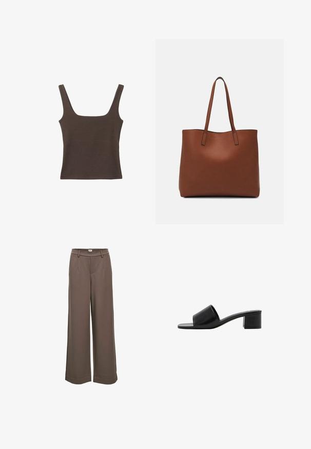 Braunes ärmelloses Oberteil mit quadratischem Ausschnitt, aus weichem, dehnbarem Stoff gefertigt. Verfügt über ein figurbetontes Design und flache Nähte.; Weite Hosen aus einem weichen, braunen Stoff. Mit hohem Bund, zwei Vorderaschen und einer glatten Textur im lässigen Design.; Schwarze Leder-Sandale mit offenem Zehenbereich, breitem Riemen und solidem Blockabsatz. Sie zeichnet sich durch eine glatte Textur und ein minimales Design aus.; Braune Leder-Tote mit glatter Textur, offenem Oberteil und zwei Schulterriemen. Verfügt über minimale Nähte und keine sichtbaren Beschläge.