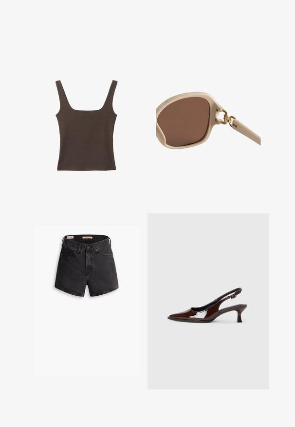 Brun ærmeløs top med firkantet udskæring, lavet af blød, strækbar stof. Har et tætsiddende design og flade sømme.; Sorte denim shorts med høj talje, med frontlukning med knap, fire lommer og en let slidt finish.; Brun patenteret læder slingback sko med spids tå og en moderat hæl. Har en spænde rem for en sikker pasform. Glat tekstur.; Lys beige solbriller med brune linser, rundet firkantet stel, guld detaljer ved hængslet og let strukturerede arme.