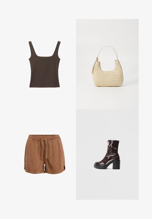 Rjava brezrokavna majica s kvadratnim izrezom, narejena iz mehkega, elastičnega materiala. Ima oprijet kroj in ravne šive.; Rjave kratke hlače iz mehkega materiala, z elastičnim pasom, nastavljivo vrvico in stranskimi žepe. Rob z majhnimi bočnimi razporki.; Sijajan škrlatank z bleščečim videzom, z masivnim črnim peto, ki se ponaša z gladko teksturo in preprostim dizajnom. Brez vidnih zapenjal ali vzorcev.; Tkaná slamnata torba v bež barvi s ukrivljeno obliko, kratko ročico in stranskim zadrgo. Ima teksturirano površino in minimalističen dizajn.