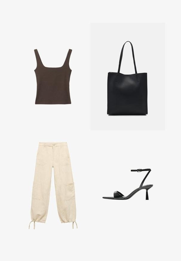 Rjava brezrokavna majica s kvadratnim izrezom, narejena iz mehkega, elastičnega materiala. Ima oprijet kroj in ravne šive.; Bež cargo hlače z udobnim krojem, narejene iz lahkega materiala. Imajo stranske žepke, naramnice pri hlačnicah in gumbasto zapiranje.; Bershka Sandali z visoko peto - black; Črna usnjena torba s svilnato teksturo, pravokotne oblike in dvema dolgima ročajema. Brez vidnih metalnih delov ali okrasnih elementov.
