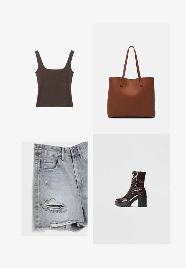 Rjava brezrokavna majica s kvadratnim izrezom, narejena iz mehkega, elastičnega materiala. Ima oprijet kroj in ravne šive.; Denim kratke hlače v svetlo sivi barvi z obrabljenim materialom, strganim robom in bakrenimi zakovicami na žepih. Z vključitvijo raztrganih detajlov spredaj in zadaj.; Sijajan škrlatank z bleščečim videzom, z masivnim črnim peto, ki se ponaša z gladko teksturo in preprostim dizajnom. Brez vidnih zapenjal ali vzorcev.; Rjava usnjena torba z gladko teksturo, odprto zasnovo zgoraj in dvema naramnima trakovoma. Opremljena je z minimalnim šivanjem in brez vidnih kovinskih delov.
