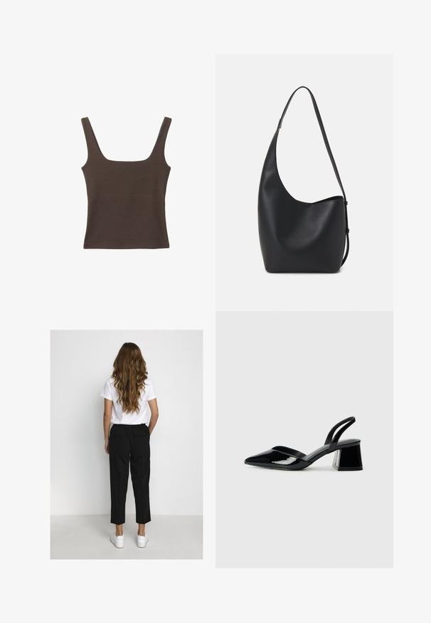 Braunes ärmelloses Oberteil mit quadratischem Ausschnitt, aus weichem, dehnbarem Stoff gefertigt. Verfügt über ein figurbetontes Design und flache Nähte.; Frau mit langen, welligen Haaren, die ein weißes T-Shirt, schwarze, cropped Hosen und weiße Sneakers trägt, steht vor einer schlichten weißen Wand.; Schwarze Lackleder-Slingback-High Heels mit spitzem Schuh und einem geometrischen Blockabsatz. Verfügt über ein schlankes, minimalistisches Design und eine glatte Textur.; Schwarze Leder-Hobo-Tasche mit einer glatten Textur, geschwungener Form und einem einzelnen verstellbaren Tragegurt; verfügt über eine weite Öffnung am oberen Ende.