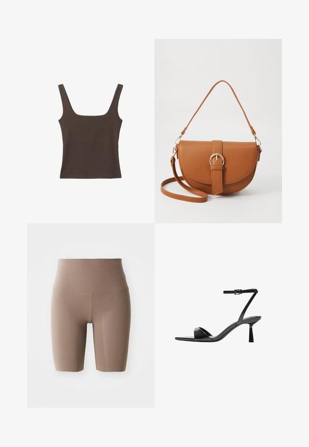 Ruskea hihaton toppi, jossa on neliönmuotoinen kaula-aukko, valmistettu pehmeästä ja joustavasta kankaasta. Ominaisuuksiin kuuluu istuva muotoilu ja sileät saumat.; Ruskeat korkeavyötäröiset shortsit, jotka on valmistettu sileästä ja joustavasta kankaasta. Ominaisuuksiin kuuluu saumatonn design, jossa on siisti leikkaus ilman näkyviä metalliosia.; Bershka Korolliset sandaalit - black; Ruskean nahkainen olkalaukku, jossa on kaareva muoto, kultaiset yksityiskohdat ja solkiyksityiskohta. Varustettu irrotettavalla olkahihnalla.