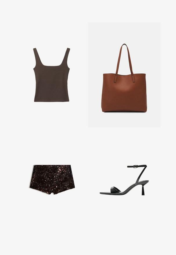 Braunes ärmelloses Oberteil mit quadratischem Ausschnitt, aus weichem, dehnbarem Stoff gefertigt. Verfügt über ein figurbetontes Design und flache Nähte.; Pailletten-Shorts in Schwarz- und Bronzetönen, mit einer strukturierten Oberfläche und einem schimmernden, reflektierenden Glanz sowie einem geraden Saum.; Bershka High Heel Sandalette - black; Braune Leder-Tote mit glatter Textur, offenem Oberteil und zwei Schulterriemen. Verfügt über minimale Nähte und keine sichtbaren Beschläge.