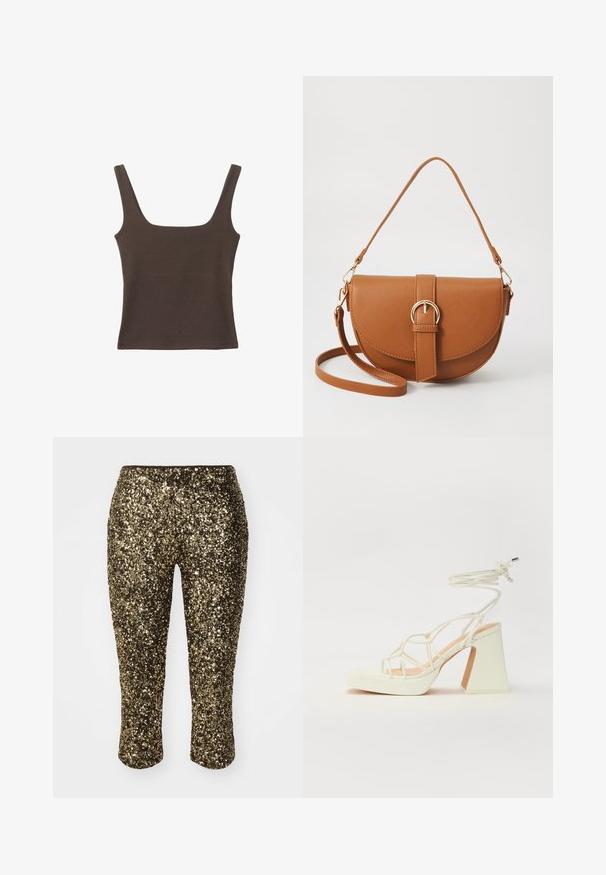 Hnedý bezrúškový top so štvorcovým výstrihom, vyrobený z mäkkého, elastického materiálu. Má priliehavý strih a ploché švy.; Zlaté capri nohavice s flitrami, priliehavého strihu a elastickým pásom, s lesklým, textúrovaným povrchom, ktorý zachytáva svetlo.; Biele sandále na vysokom opätku s hrubým podpätkom, s pruhovaným dizajnom a viazaním na členku. Hladký povrch s platformou vpredu pre zvýšenú výšku.; Hnedá kožená kabelka cez telo s zakriveným tvarom, zlatými kovovými doplnkami a akcentom s prackou. Obsahuje odnímateľný ramenný popruh.