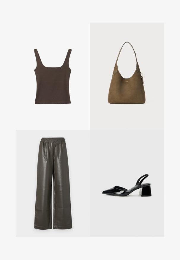 Braunes ärmelloses Oberteil mit quadratischem Ausschnitt, aus weichem, dehnbarem Stoff gefertigt. Verfügt über ein figurbetontes Design und flache Nähte.; Weit geschnittene, dunkelolivgrüne Kunstlederhosen mit einem elastischen Taillenbund und zentralen Nahtdetails, die eine glatte, glänzende Textur aufweisen.; Schwarze Lackleder-Slingback-High Heels mit spitzem Schuh und einem geometrischen Blockabsatz. Verfügt über ein schlankes, minimalistisches Design und eine glatte Textur.; Braune Wildleder-Schultertasche mit einer geschwungenen Silhouette, einem glatten Ledergriff und Details aus goldfarbenem Metall. Minimalistisches Design mit nahtlosen Kanten.