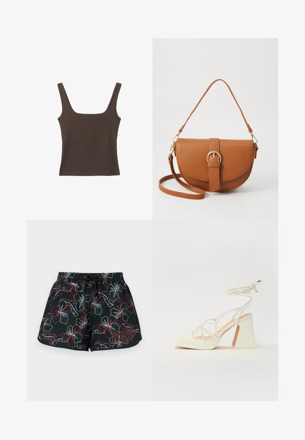 Braunes ärmelloses Oberteil mit quadratischem Ausschnitt, aus weichem, dehnbarem Stoff gefertigt. Verfügt über ein figurbetontes Design und flache Nähte.; Schwarze Badehosen mit einem bunten Blumenmuster in Rot, Grün und Blau. Elastischer Bund mit Kordelzug; "ROXY"-Logo an der Seite.; Weiße High-Heel-Sandale mit einem klobigen Absatz, die über ein Riemchendesign und ein Knöchelband verfügt. Glatte Textur mit einer Plattform vorne für zusätzliche Höhe.; Braune Leder-Crossbody-Tasche mit geschwungener Form, goldfarbenen Beschlägen und einer Schnallenakzentuierung. Verfügt über einen abnehmbaren Schultergurt.