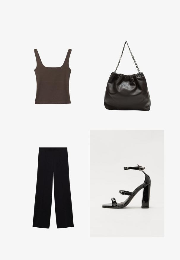 Smešani smeđi top bez rukava sa kvadratnim izrezom, izrađen od mekanog, rastezljivog materijala. Ima kroj koji se uklapa i ravne šavne.; Crne široke hlače od glatkog materijala, s visokim strukom, dva prednja nabora i dužinom do poda.; Crne lakirane sandale na pete sa kvadratnim nosom, trakama oko gležnja i srebrnim kopčama. Imaju čvrst blok petu za stabilnost.; Smeđa kožna torba s naboranim vrhom i lančićem za nošenje. Glatka tekstura s sjajnim završetkom i suptilnim šavnim detaljima sa strane.