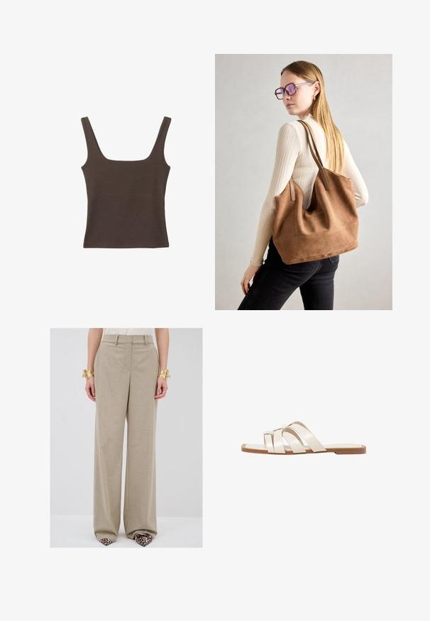 Brązowa bezrękawnikowa bluzka o kwadratowym dekolcie, wykonana z miękkiego, elastycznego materiału. Posiada dopasowany krój i płaskie szwy.; Beżowe spodnie szerokie z subtelną teksturą, z przednimi kieszeniami, dopasowanym pasem i prostą sylwetką.; Płaskie sandały z brązową gumową podeszwą, zaprojektowane z trzema nakładającymi się na siebie białymi skórzanymi paskami i małym detalem w postaci kokardy na środku.; Brązowa torebka typu tote wykonana z zamszu o miękkiej teksturze, z dużym otwarciem i długimi paskami. Charakteryzuje się prostym designem z widocznymi szwami i bez elementów metalowych.