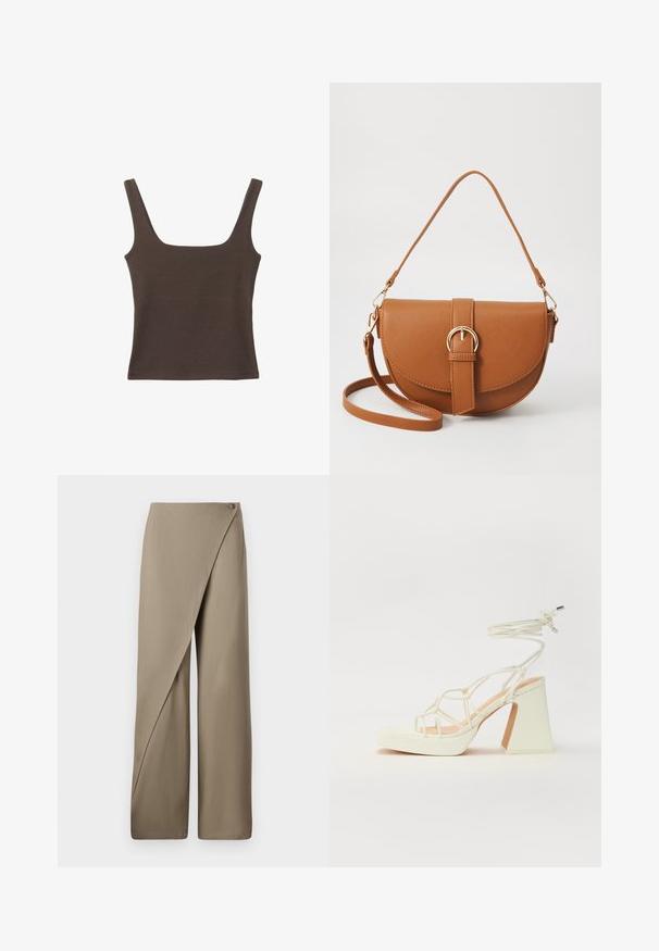 Brown sleeveless top with a square neckline, made from soft, stretchy fabric. Features a fitted design and flat seams.; Beige wide-leg trousers with a draped front, featuring a single button closure and a smooth, lightweight fabric texture.; White high-heeled sandal with a chunky heel, featuring a strappy design and ankle tie. Smooth texture with a platform front for added height.; Brown leather crossbody bag with a curved shape, gold hardware, and a buckle accent. Features a detachable shoulder strap.