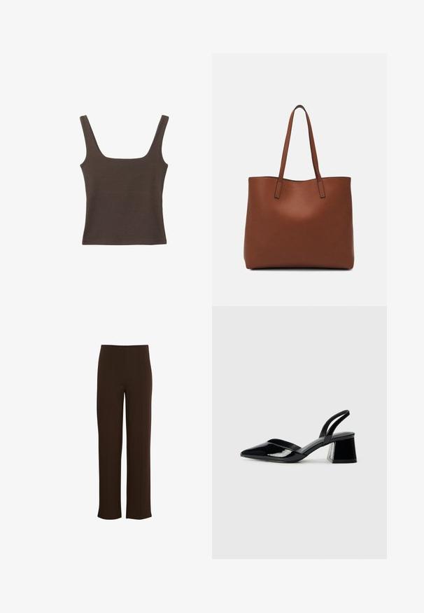 Brun ærmeløs top med firkantet udskæring, lavet af blød, strækbar stof. Har et tætsiddende design og flade sømme.; Brune, vide benbukser lavet af et blødt, strækbart materiale. Har vertikale sømme og en ren talje, der giver et skræddersyet udseende.; Sorte patentlæder slingback hæle med spids tå og en geometrisk blok hæl. Har et elegant, minimalistisk design og en glat tekstur.; Brun læder tote taske med en glat overflade, åben topdesign og to skulderremme. Har minimal syning og ingen synlig hardware.