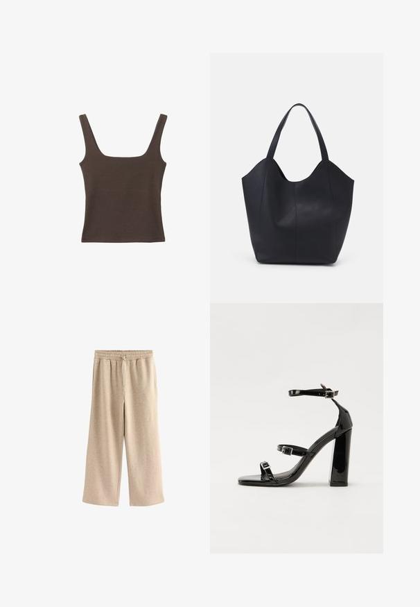 Top senza maniche marrone con scollo quadrato, realizzato in tessuto morbido ed elastico. Presenta un design aderente e cuciture piatte.; Pantaloni a gamba larga color crema realizzati in un morbido tessuto misto cotone. Presentano una vita elastica con cordoncino e una delicata texture a macchie.; Sandali con tacco in vernice nera, con punta squadrata, cinturini alla caviglia e fibbie in argento. Presentano un tacco a blocco spesso per maggiore stabilità.; Borsa tote nera realizzata in pelle liscia, con una parte superiore curva e aperta, dotata di due manici per spalla e un design minimalista.