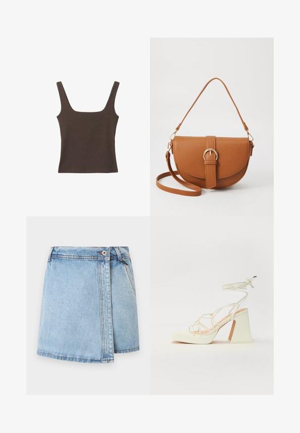 Hnedý bezrúškový top so štvorcovým výstrihom, vyrobený z mäkkého, elastického materiálu. Má priliehavý strih a ploché švy.; Svetlomodrá džínsová sukňa s rovnými švami, predným zapínaním na gombíky a kontrastným prešívaním pozdĺž švov. Viditeľné vrecká nie sú.; Biele sandále na vysokom opätku s hrubým podpätkom, s pruhovaným dizajnom a viazaním na členku. Hladký povrch s platformou vpredu pre zvýšenú výšku.; Hnedá kožená kabelka cez telo s zakriveným tvarom, zlatými kovovými doplnkami a akcentom s prackou. Obsahuje odnímateľný ramenný popruh.
