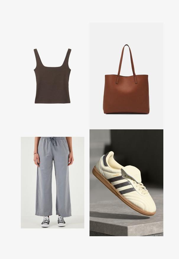 Bruine tanktop zonder mouwen met een vierkante halslijn, gemaakt van zachte, rekbare stof. Heeft een aansluitend ontwerp en platte naden.; Wijdvallende grijze broeken met een drawstring tailleband en een rafelige zoom, gemaakt van een lichtgewicht stof. Gekleed met zwart-witte sneakers.; Crème leren sneaker met drie donkere strepen, een bruine gumrubberen zool en een ronde neus. Voorzien van een opvouwbare tong met het label "SAMBA."; Bruine leren tote bag met een gladde textuur, een ontwerp met een open bovenkant en twee schouderbanden. Kenmerkt zich door minimale stiksels en geen zichtbare hardware.