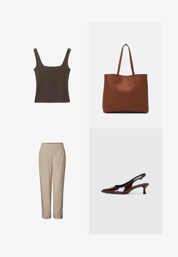 Bruine tanktop zonder mouwen met een vierkante halslijn, gemaakt van zachte, rekbare stof. Heeft een aansluitend ontwerp en platte naden.; Beige, elastische broek met twee voorzakken, taps toelopende pijpen en een gladde textuur. Geschikt voor casual of ontspannen kleding.; Bruine gepatineerde leren slingback-schoen met een spitse neus en een gematigd hakje. Voorzien van een gespsluiting voor een veilige pasvorm. Glad van textuur.; Bruine leren tote bag met een gladde textuur, een ontwerp met een open bovenkant en twee schouderbanden. Kenmerkt zich door minimale stiksels en geen zichtbare hardware.