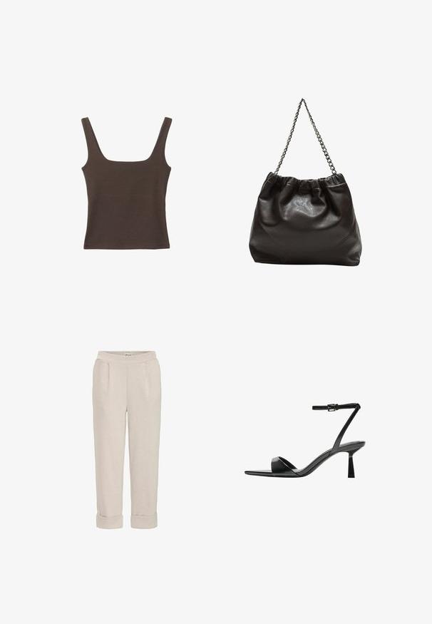 Brązowa bezrękawnikowa bluzka o kwadratowym dekolcie, wykonana z miękkiego, elastycznego materiału. Posiada dopasowany krój i płaskie szwy.; Jasno beżowe spodnie z miękkiego materiału, o luźnym kroju, z podwiniętymi nogawkami i bocznymi kieszeniami o gładkiej teksturze.; Bershka - Sandały na obcasie; Brązowa skórzana torba z marszczonym szczytem i łańcuszkowym paskiem. Gładka tekstura z błyszczącym wykończeniem i subtelnymi detalami szwów po bokach.