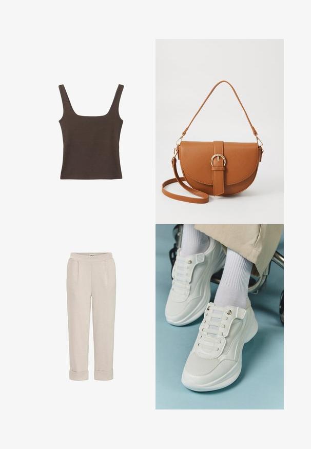 Rjava brezrokavna majica s kvadratnim izrezom, narejena iz mehkega, elastičnega materiala. Ima oprijet kroj in ravne šive.; Svijetlosmeđe hlače od mekog materijala, s opuštenim krojem, podvrnutim manžetama i bočnim džepovima s glatkom teksturom.; Bele teniske z mrežastim materialom, gumene podplate, brez vezalk, z elastikami in zlatimi akcenti.; Rjava usnjena torbica prek telesa s ukrivljeno obliko, zlate opreme in sponko. Ima odstranljiv naramni trak.