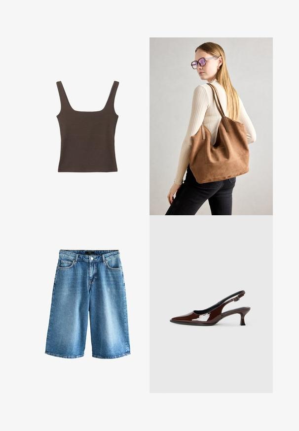 Hnedý bezrúškový top so štvorcovým výstrihom, vyrobený z mäkkého, elastického materiálu. Má priliehavý strih a ploché švy.; Next Denimové šortky - dark blue; Hnedá lakovaná slingback obuv s špicatou špičkou a mierne vysokým opätkom. Obsahuje pracku pre bezpečné upevnenie. Hladká textúra.; Hnedá semišová taška na rameno s mäkkou textúrou, veľkým otvorom a dlhými popruhmi. Má jednoduchý dizajn s viditeľným šitím a bez kovových prvkov.